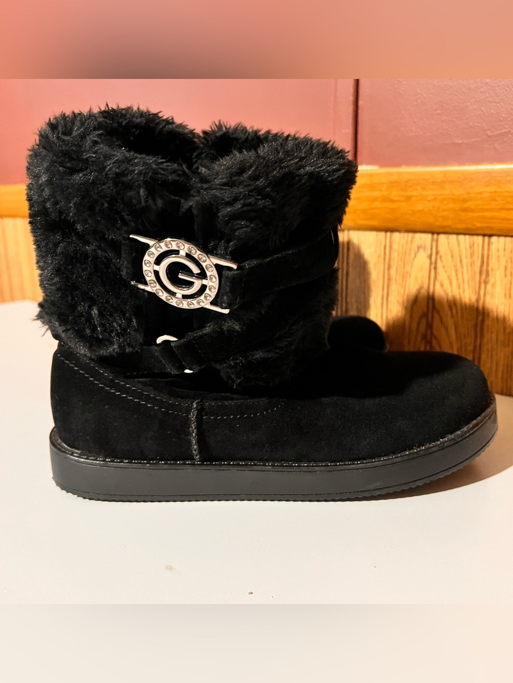 Guess Black Faux Fur Ankle Booties with Decorative Logo Buckle
